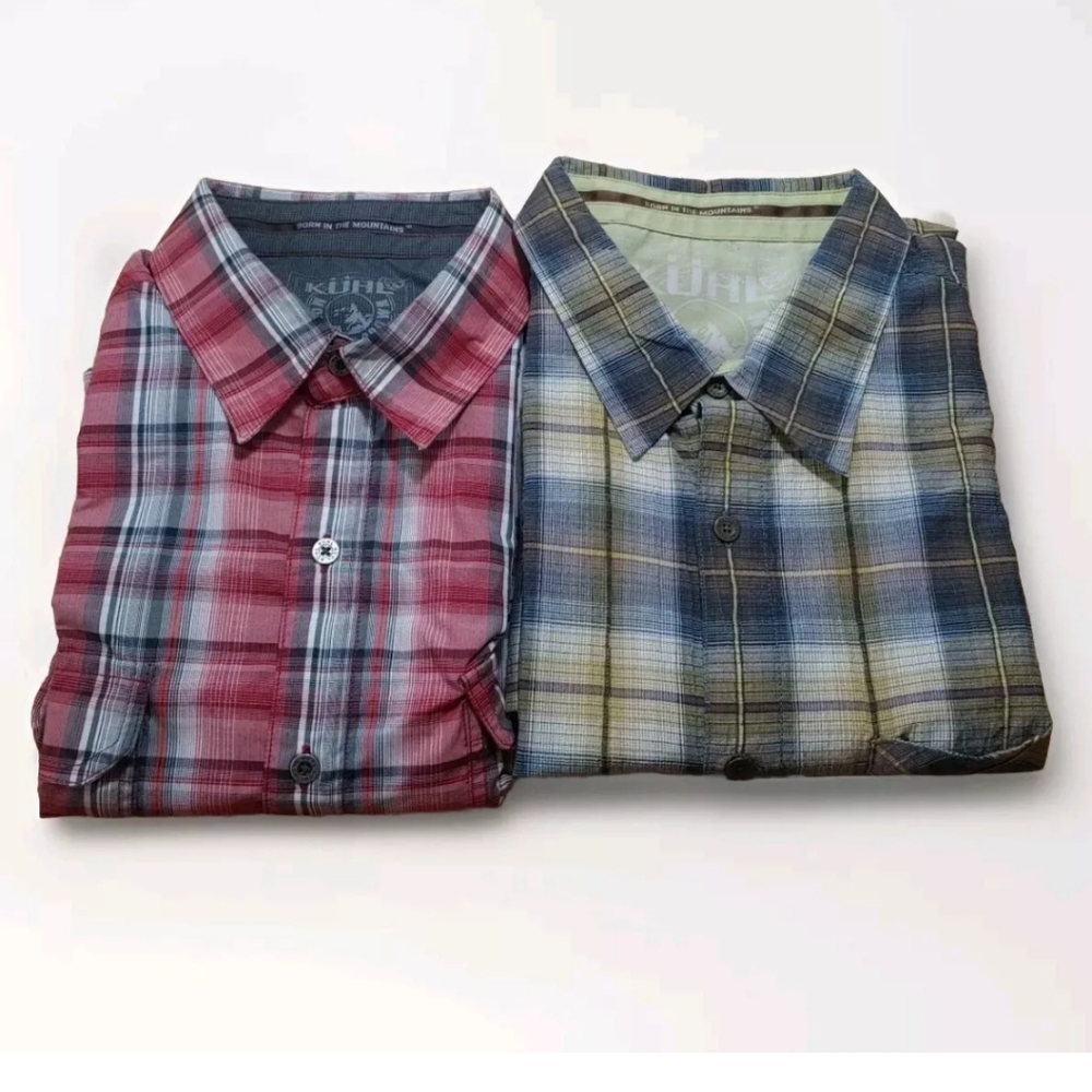 Kuhl 2 Camp Shirts Men Med Preppy Hiking Gorp Outdoorsy Red Plaid Button